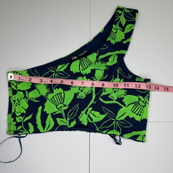 ZARA One Shoulder Crop Top M Green Navy Floral Tropical Knit Stretch NWOT - Picture 9 of 10